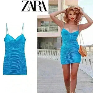 Zara blue ruched mini dress - S